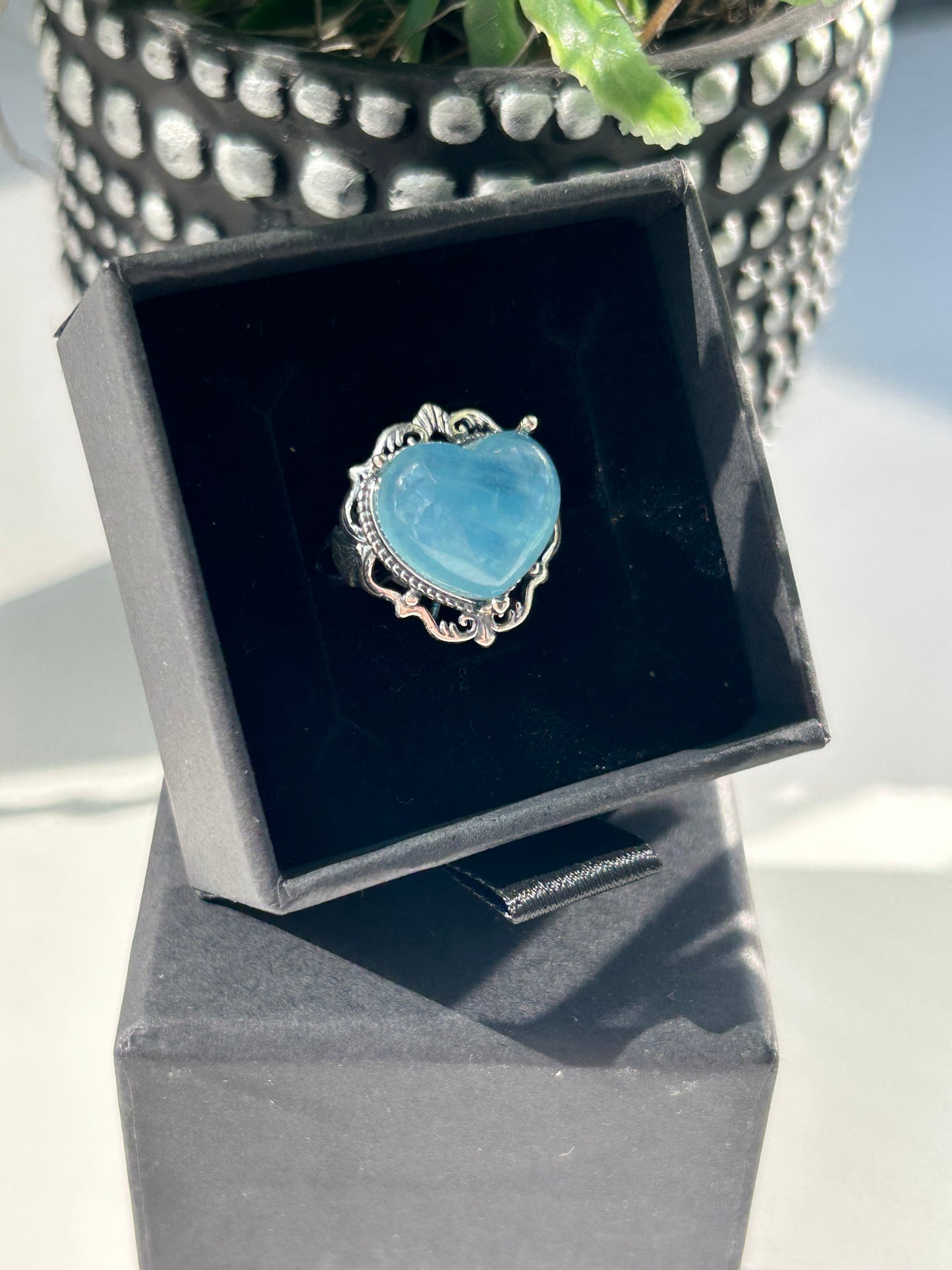 Aquamarine Heart adj ring 925 Sterling Silver