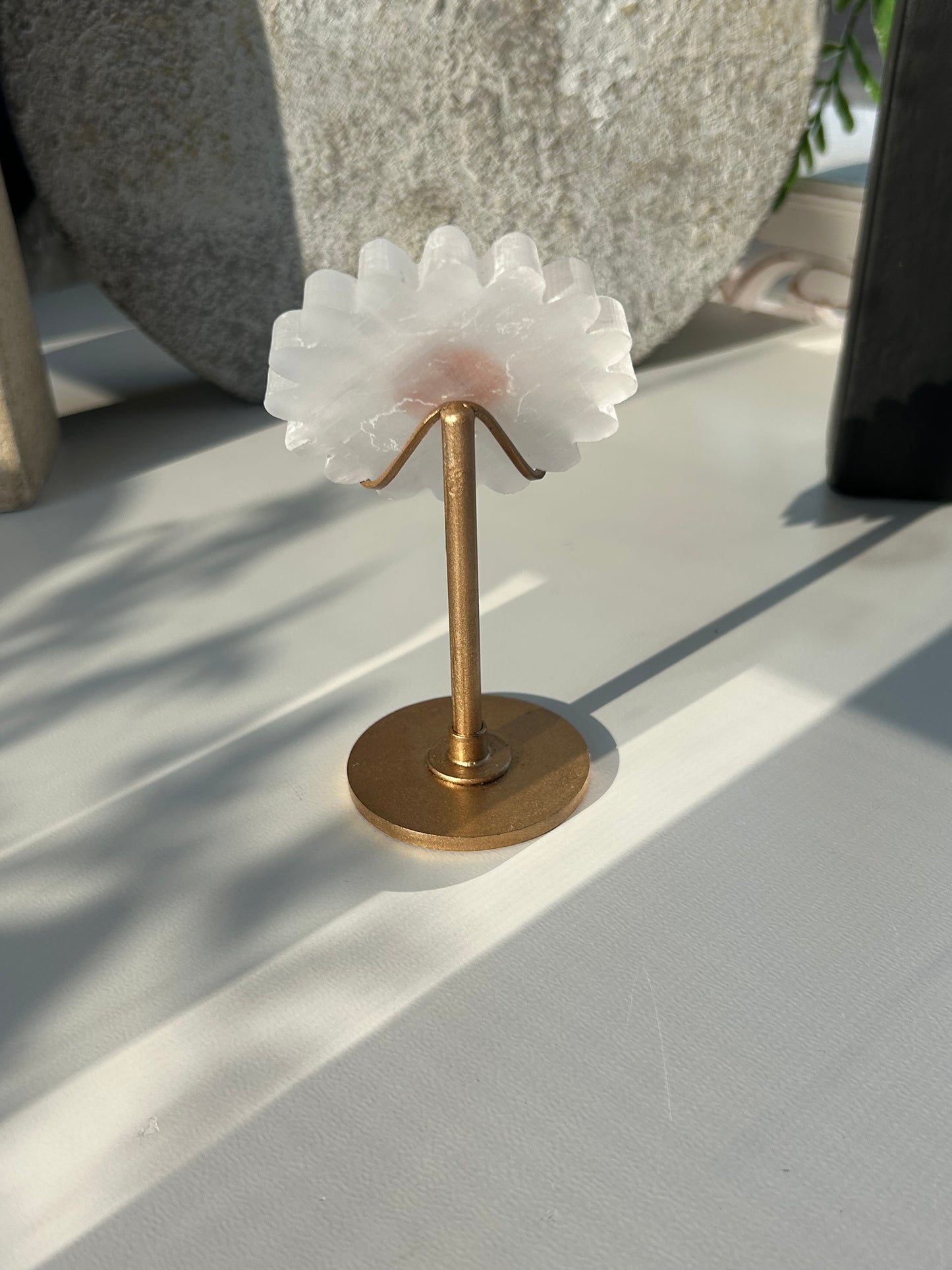 Selenite Satin Spar Daisy Carving on Stand