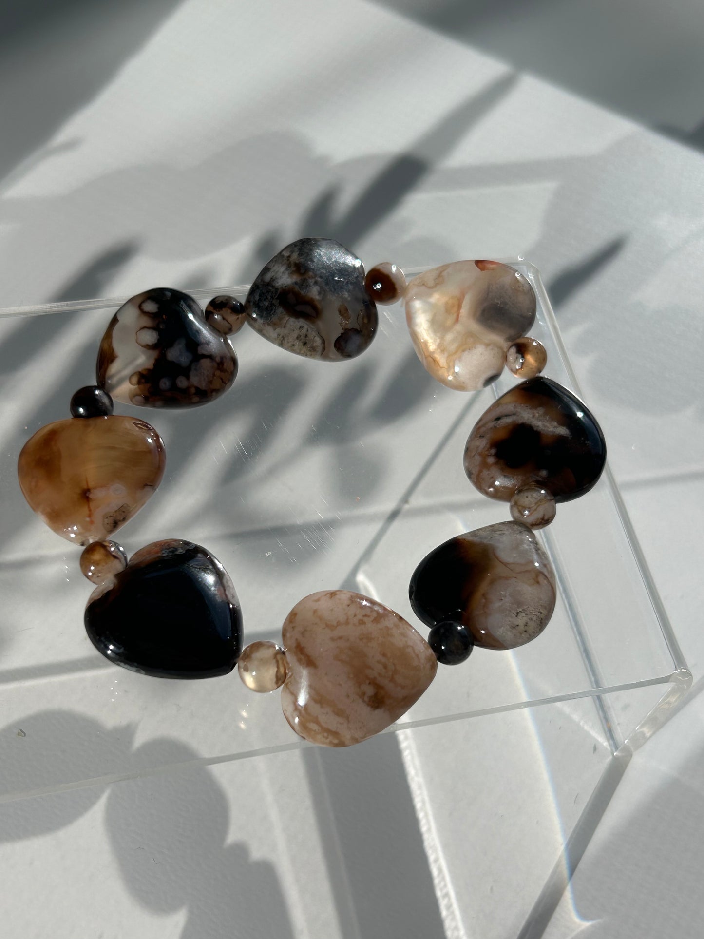 Black Flower Agate Heart beaded bracelet