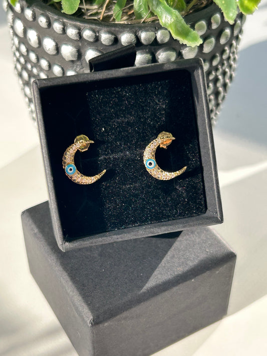 Crescent Evil Eye Moon 18k gold plated stud earrings