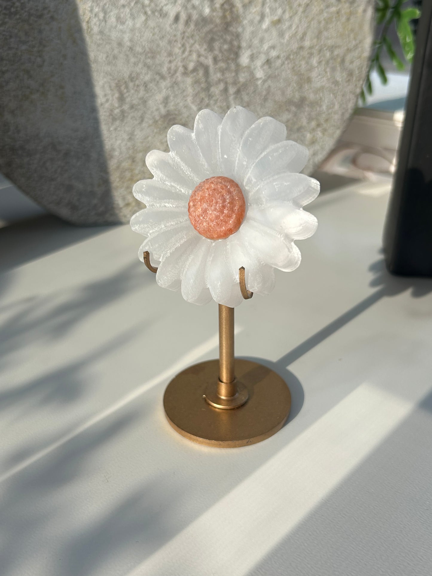 Selenite Satin Spar Daisy Carving on Stand