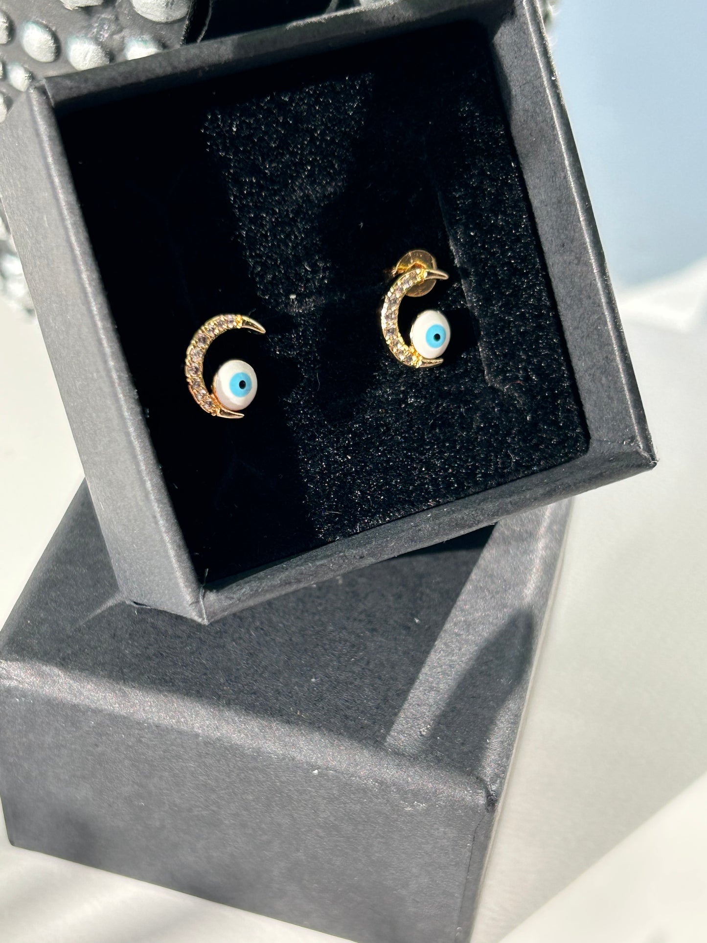 Crescent Evil Eye Moon 18k gold plated stud earrings