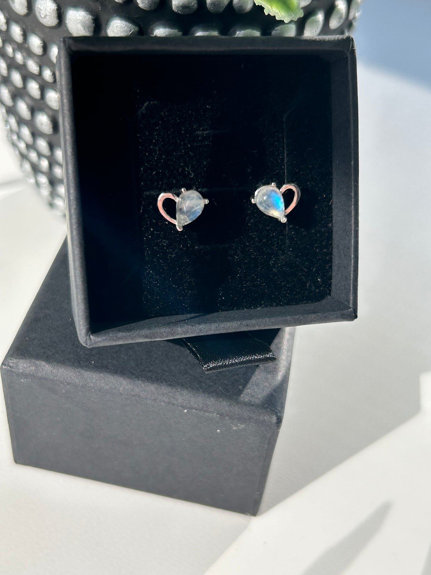 Rainbow Moonstone Heart stud earrings 925 sterling silver