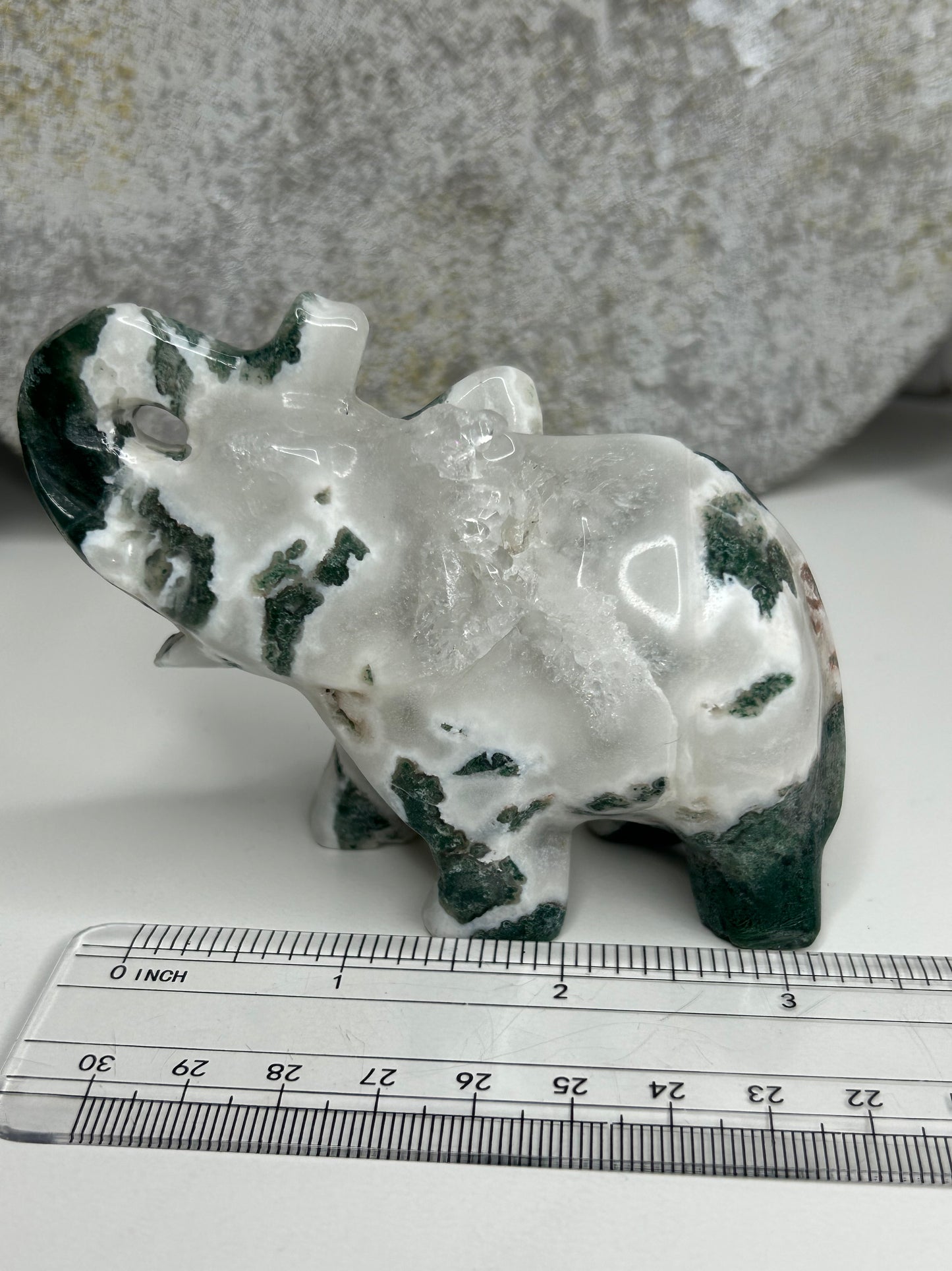 Moss Agate with Druzy - Elephant Carving