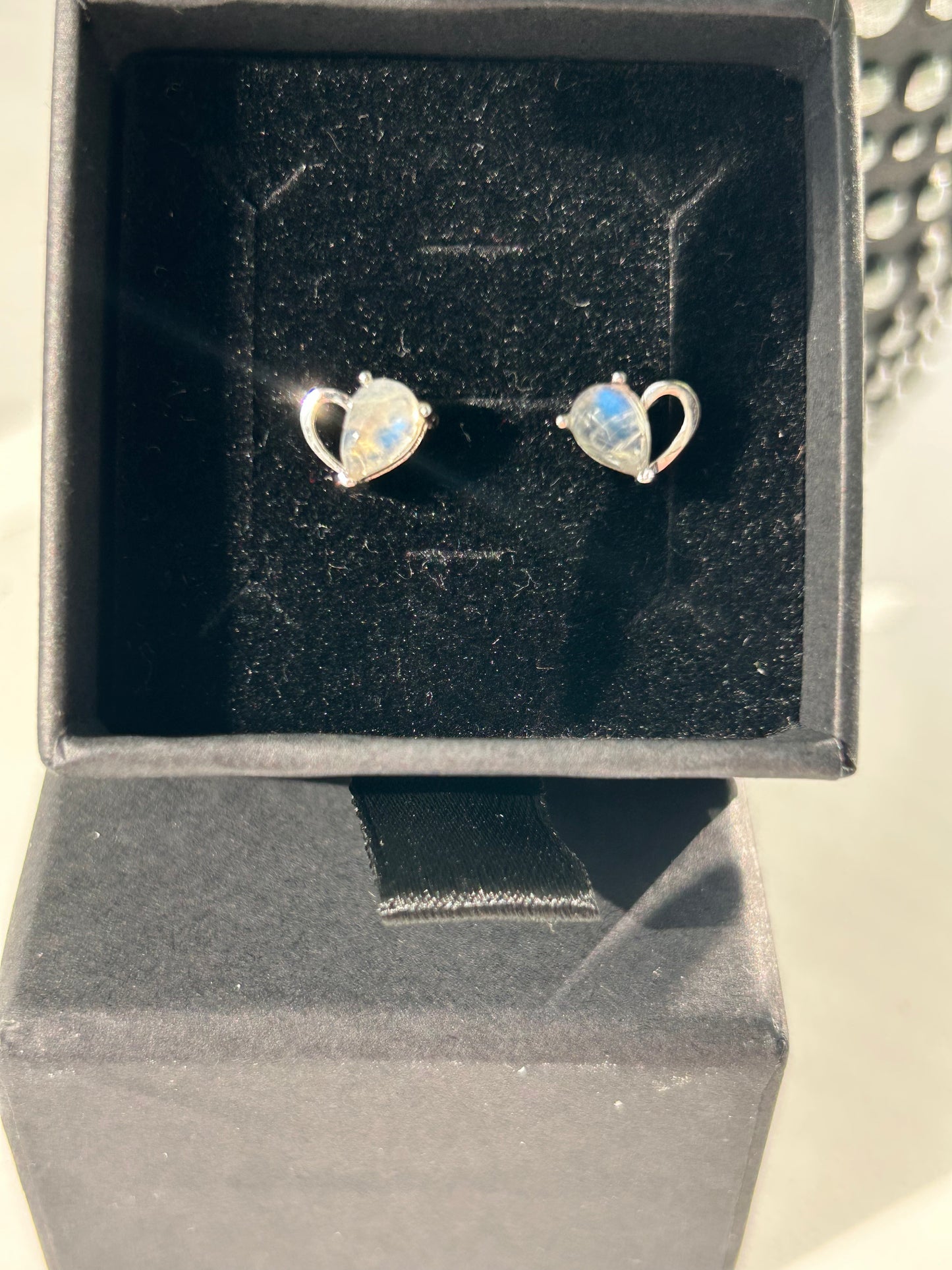 Rainbow Moonstone Heart stud earrings 925 sterling silver