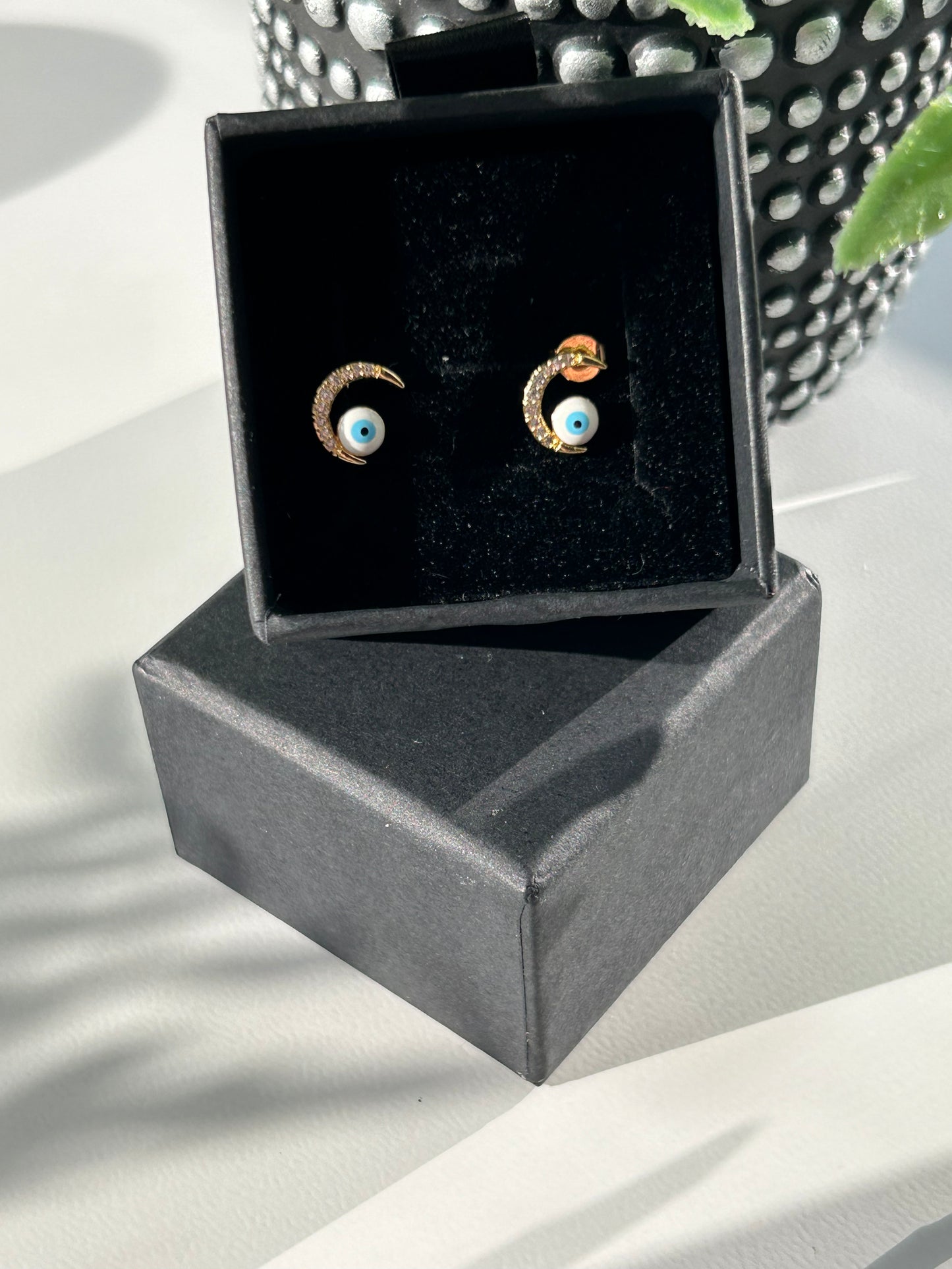 Crescent Evil Eye Moon 18k gold plated stud earrings