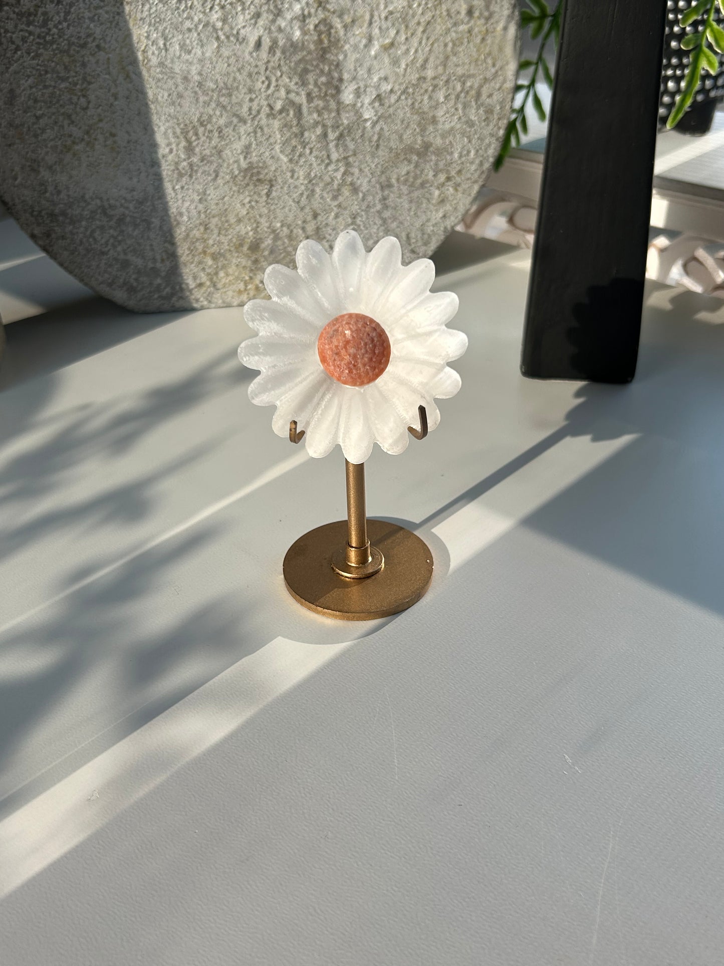 Selenite Satin Spar Daisy Carving on Stand