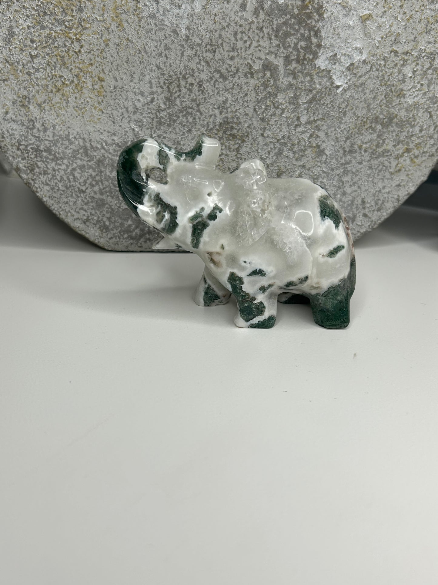 Moss Agate with Druzy - Elephant Carving