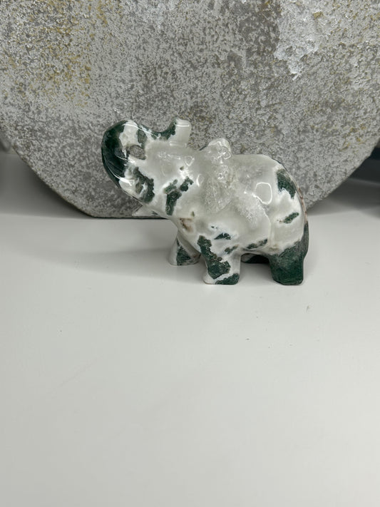 Moss Agate with Druzy - Elephant Carving