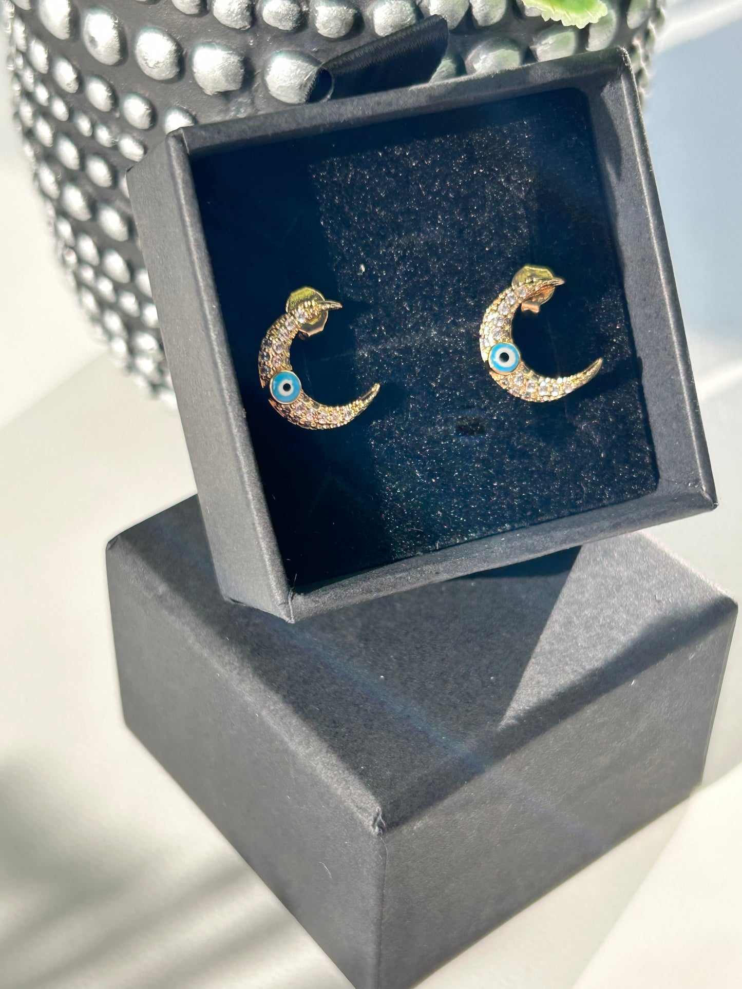 Crescent Evil Eye Moon 18k gold plated stud earrings