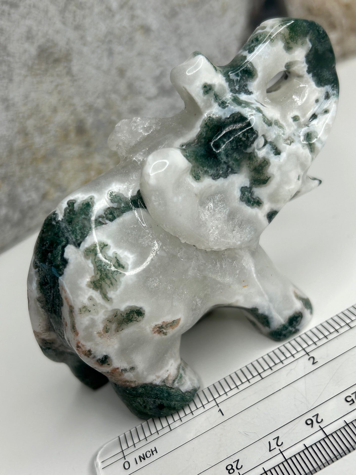 Moss Agate with Druzy - Elephant Carving