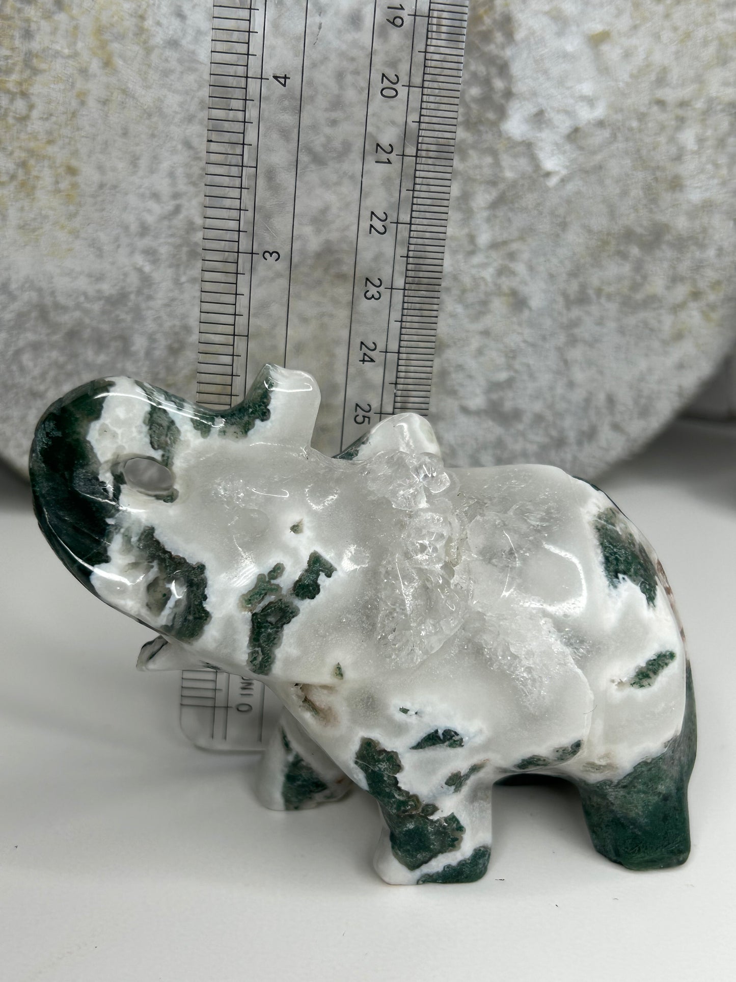 Moss Agate with Druzy - Elephant Carving