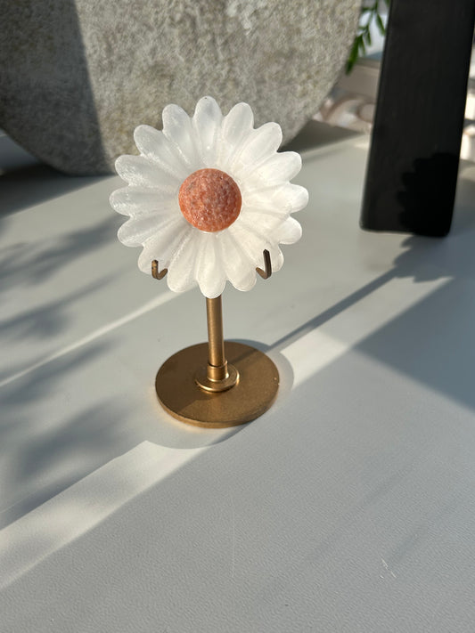 Selenite Satin Spar Daisy Carving on Stand