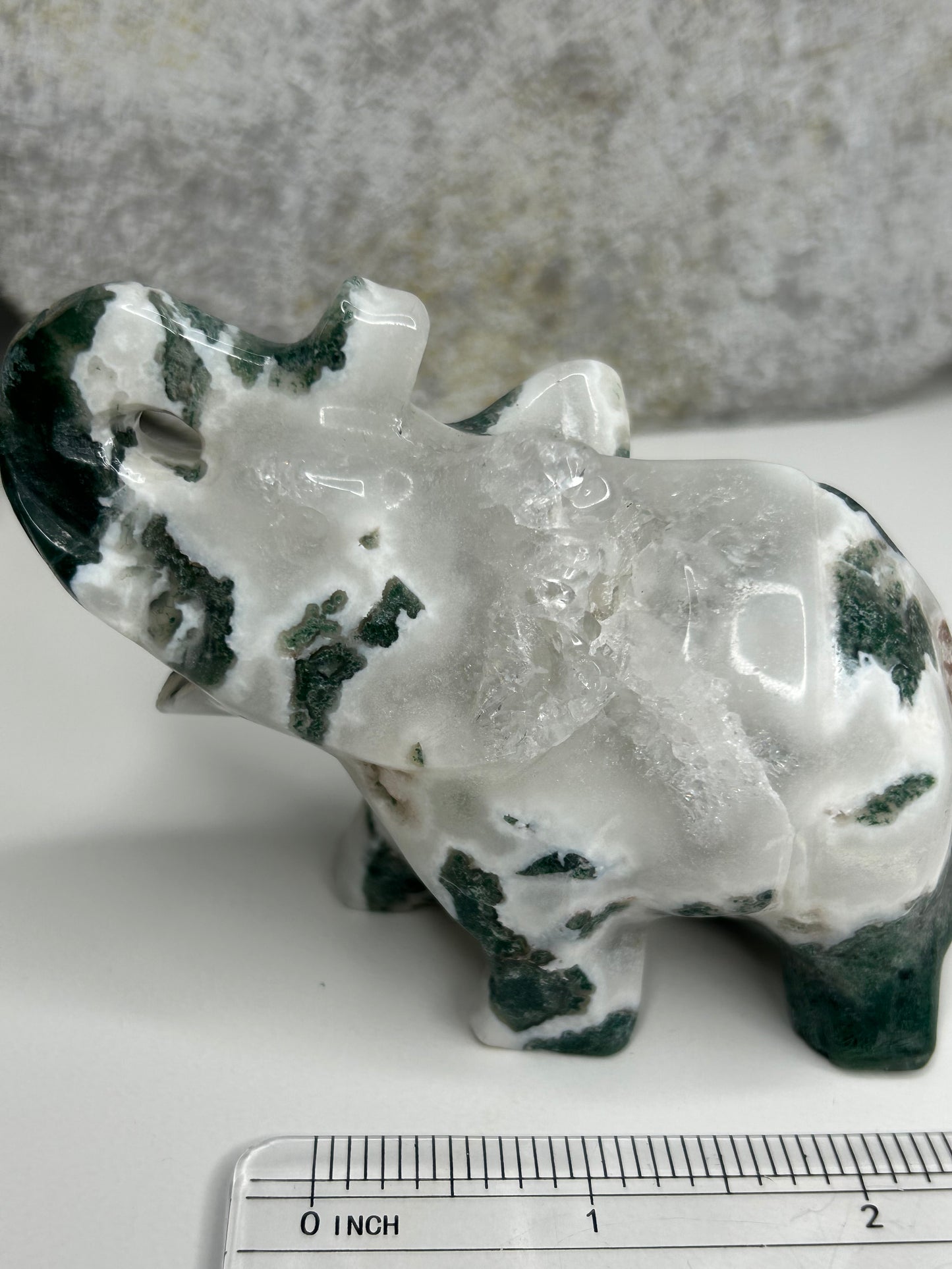 Moss Agate with Druzy - Elephant Carving