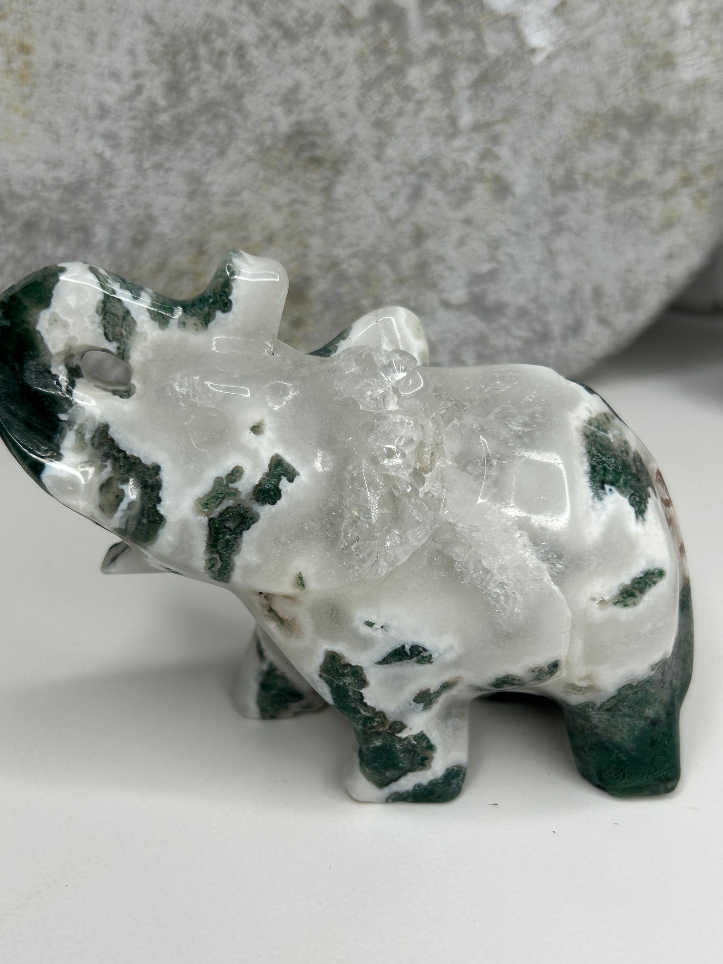 Moss Agate with Druzy - Elephant Carving