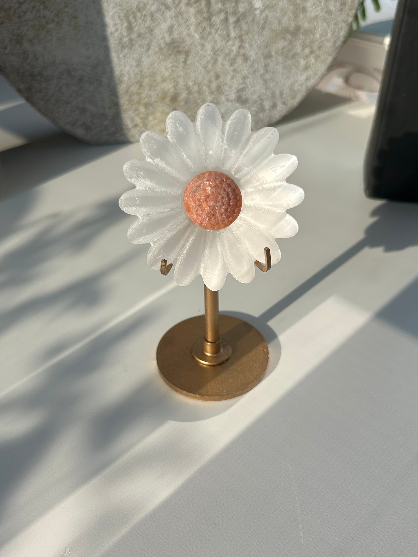 Selenite Satin Spar Daisy Carving on Stand