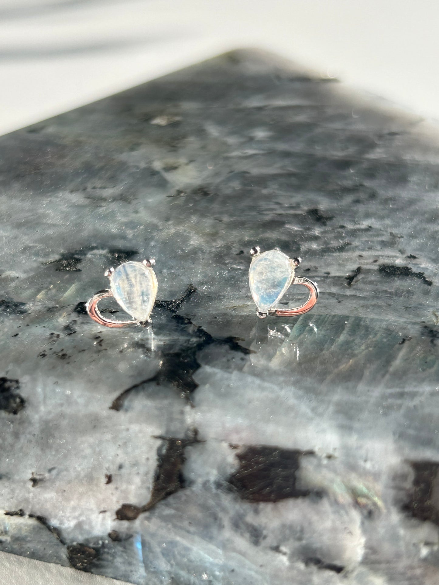 Rainbow Moonstone Heart stud earrings 925 sterling silver