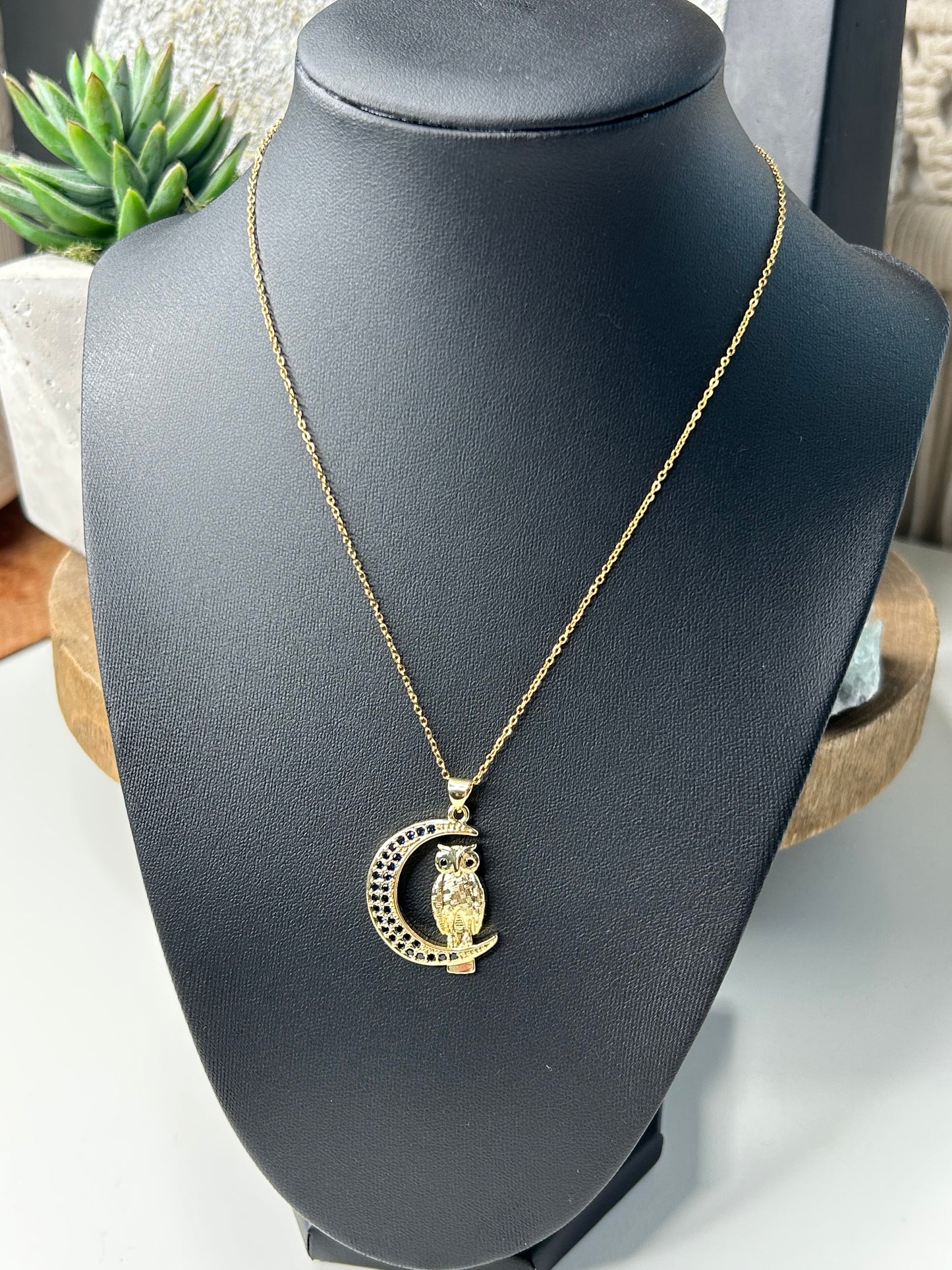 Bling Accented Owl Moon Pendant necklace