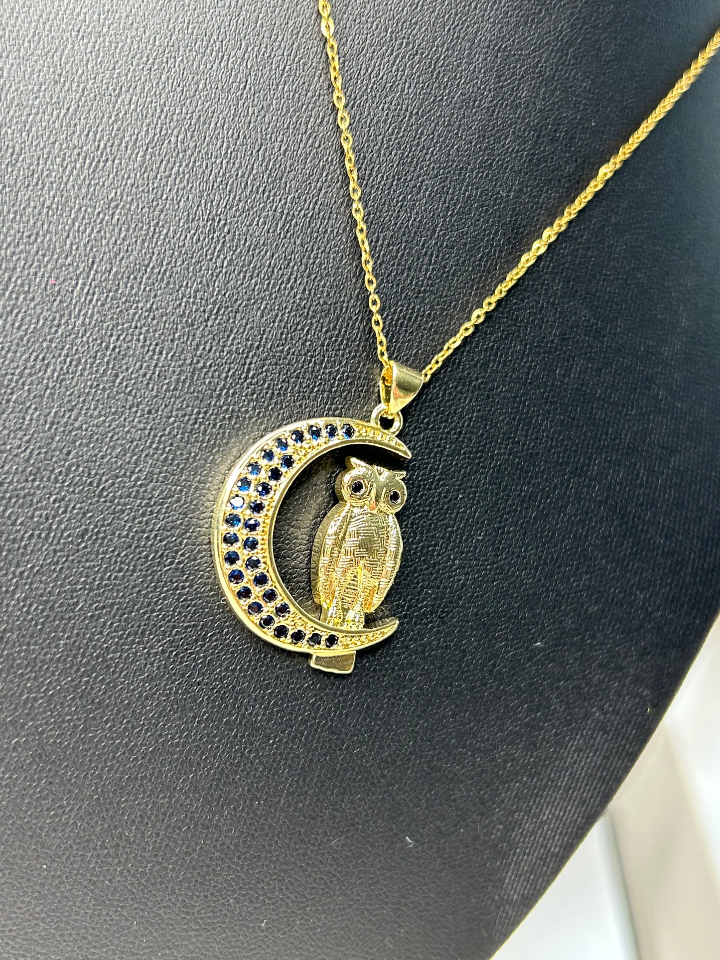 Bling Accented Owl Moon Pendant necklace