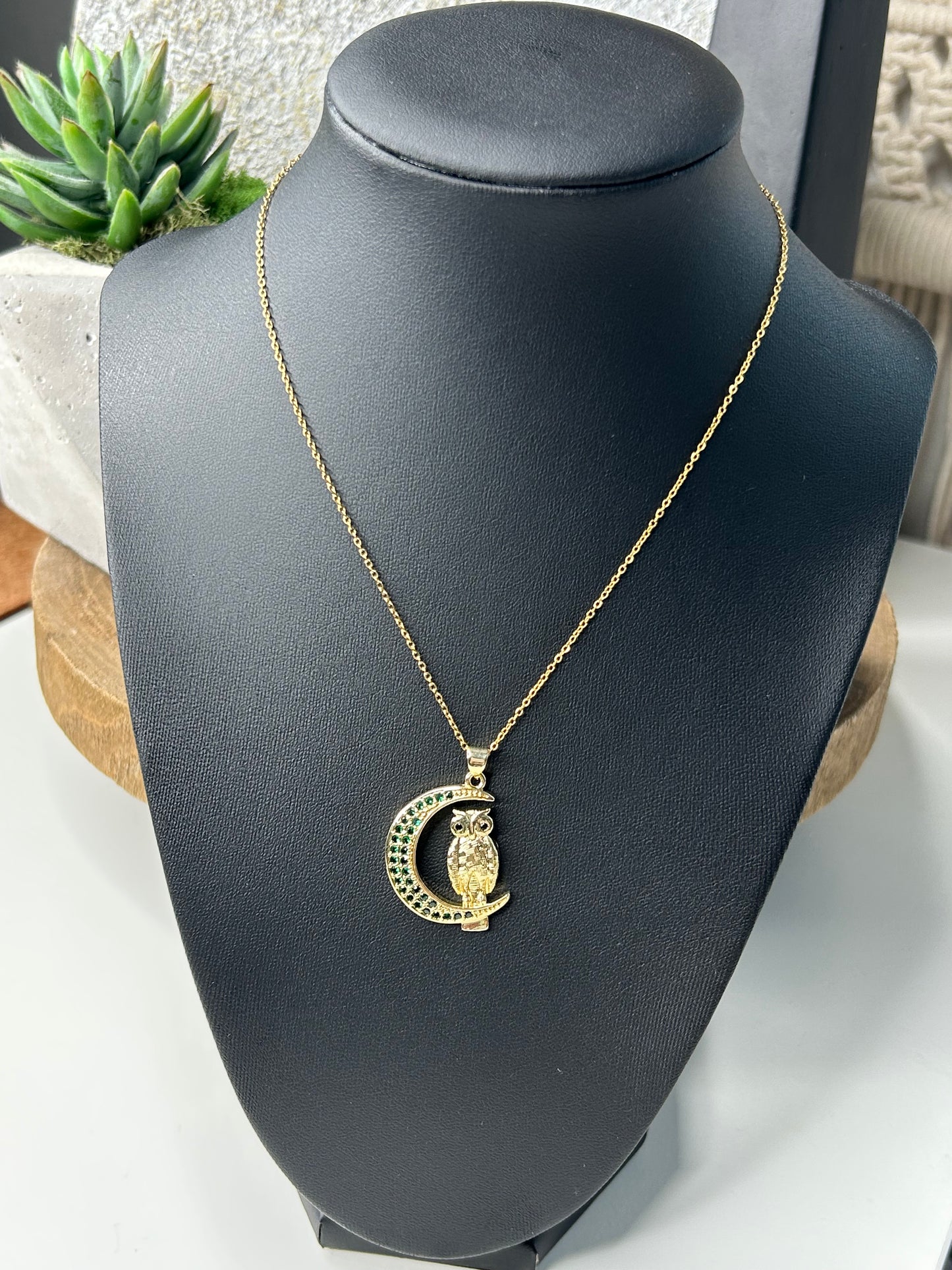 Bling Accented Owl Moon Pendant necklace