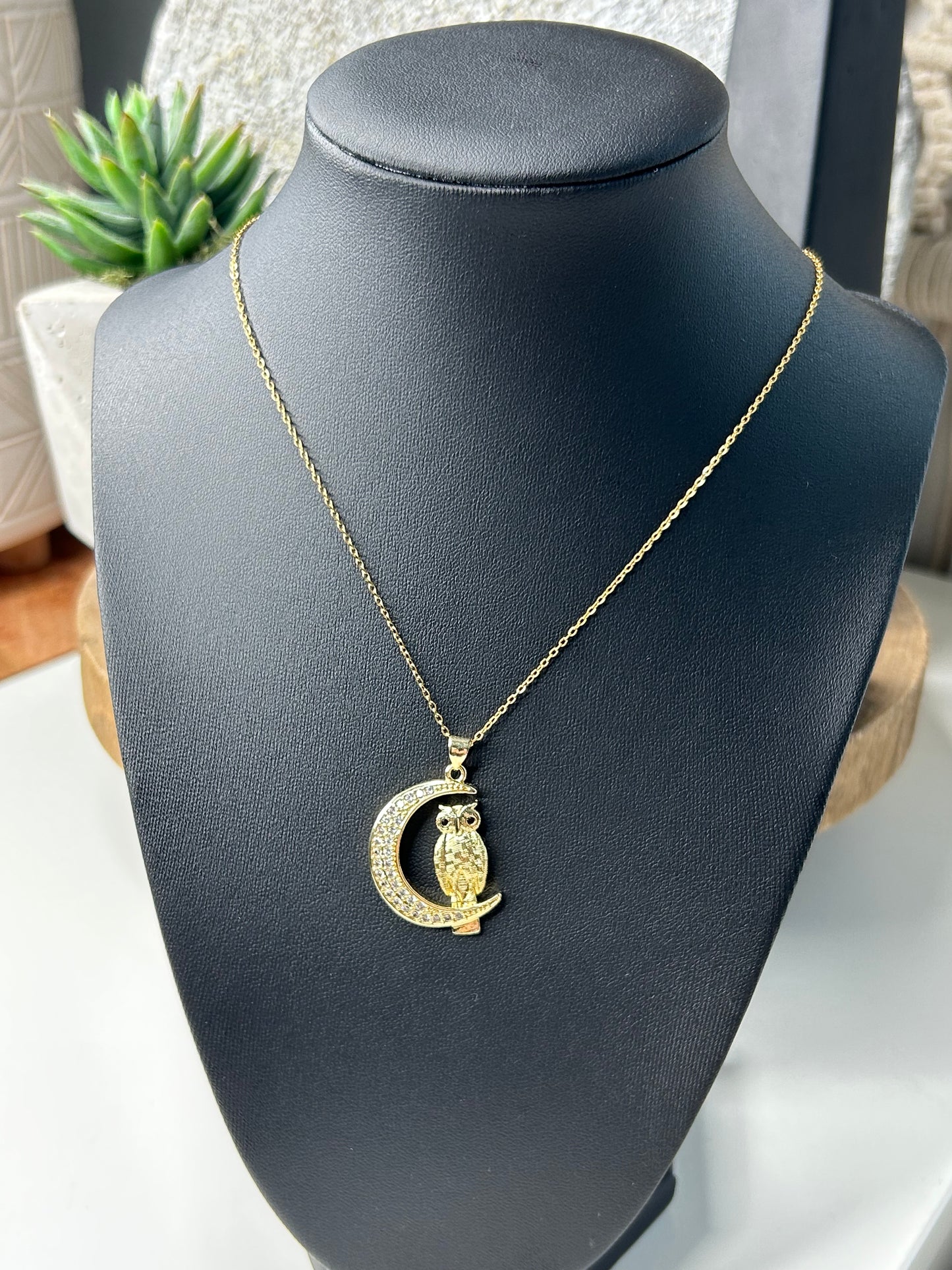 Bling Accented Owl Moon Pendant necklace