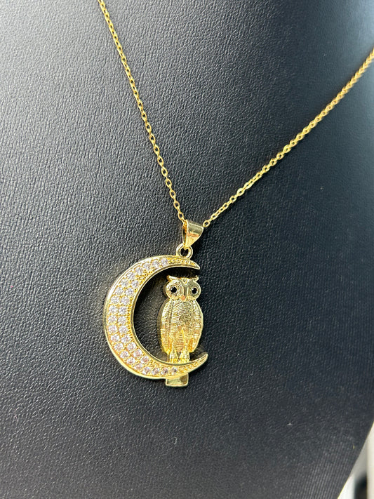 Bling Accented Owl Moon Pendant necklace