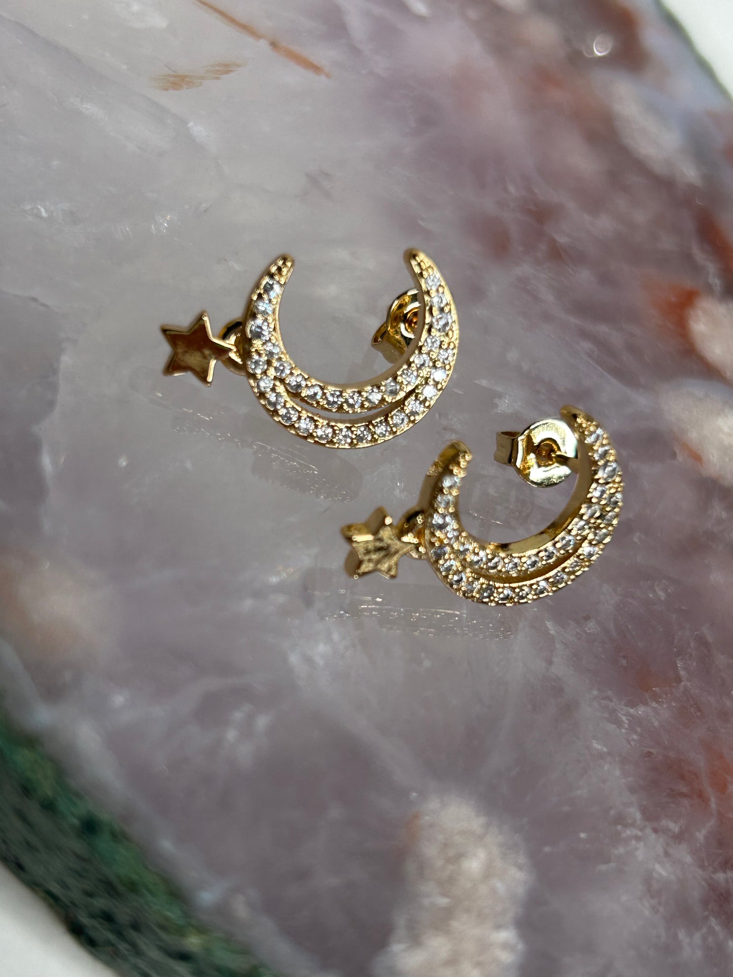 Gold Crescent Moon & Star stud earrings 18k gold plated