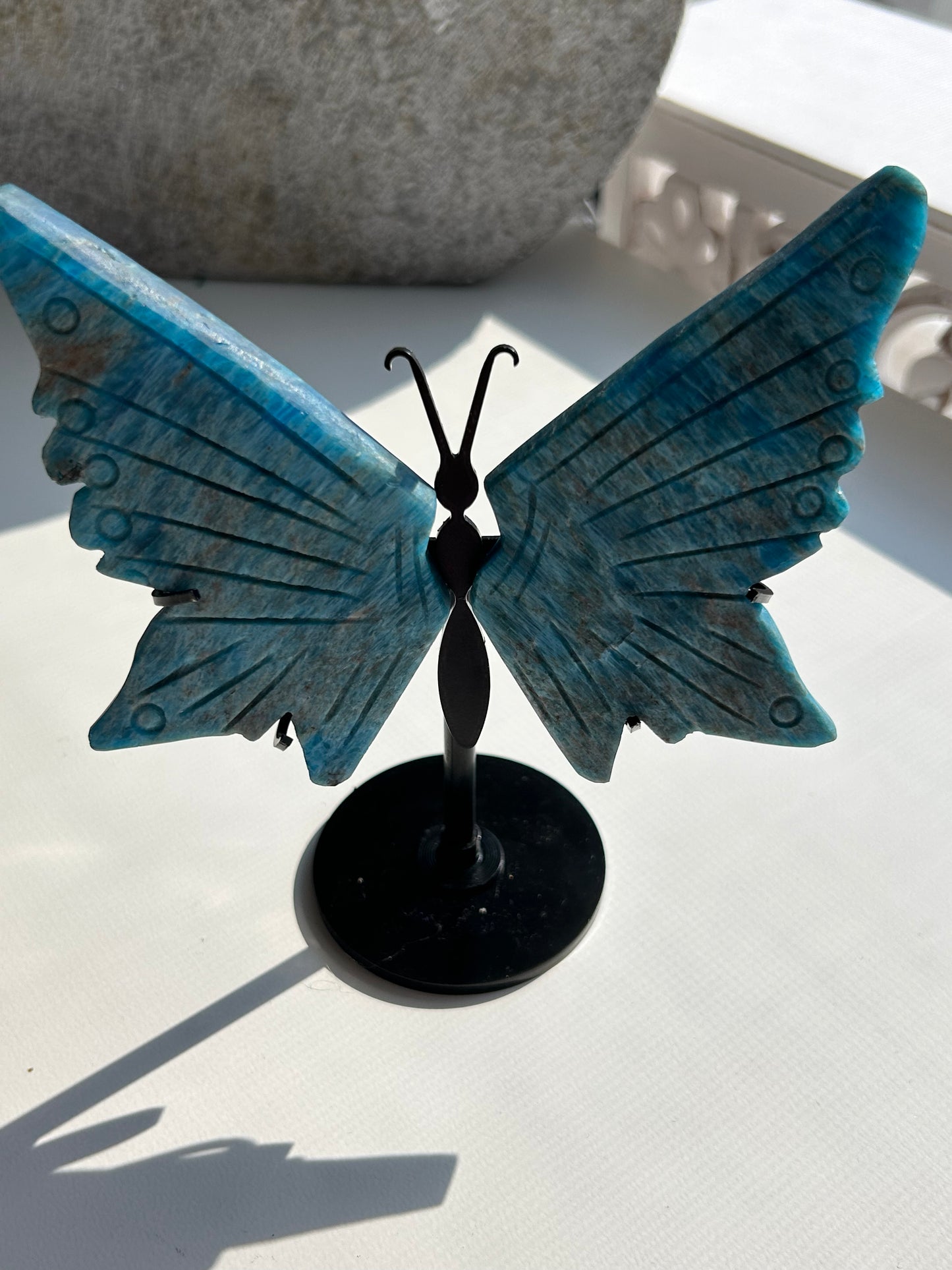 Blue Apatite Butterfly Wing Carvings on Stand