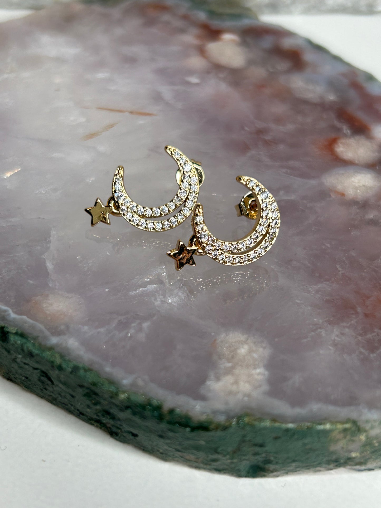 Gold Crescent Moon & Star stud earrings 18k gold plated