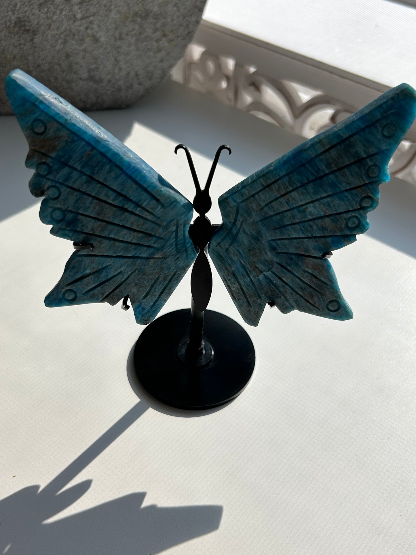 Blue Apatite Butterfly Wing Carvings on Stand